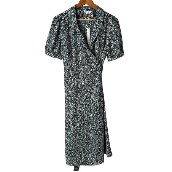 NWT Crescent Collared Wrap Midi Dress Short‎ Puff Sleeves in Green White, Medium - Picture 1 of 13